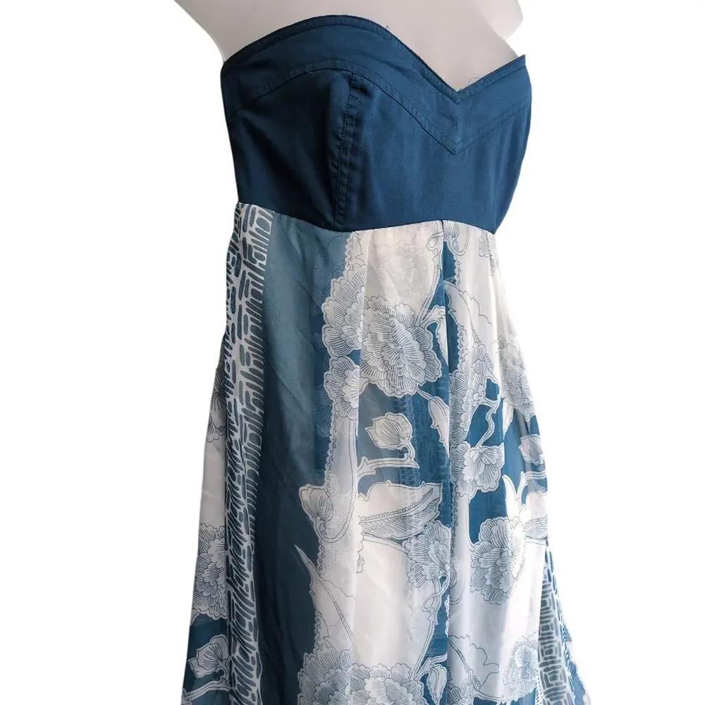 Charlotte Russo Sz L Strapless Babydoll High Waist Blue‎ Floral Sheer Maxi Dress